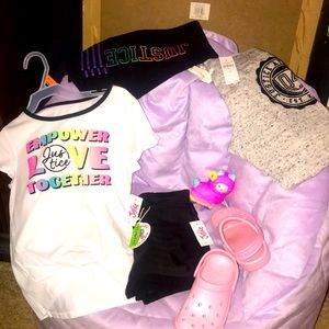 Bundle NWT 3pair justice bottoms, shirt,Crocs